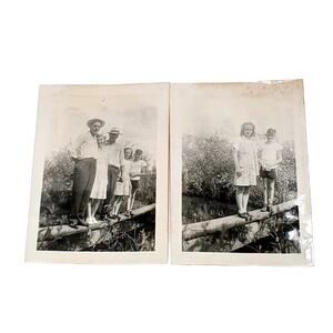 Vintage 1940s B&W Photo Family Sit on Fallen Tree Over A Road Children Lady Man